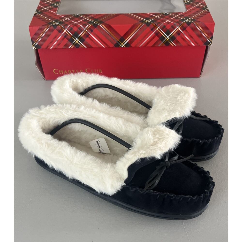 Chart Club Slippers Womens 6 Leather & Faux Fur Slip On Mocs Navy Blue